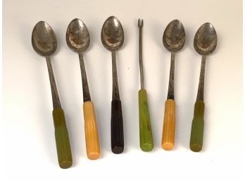 5 Tea Spoons And An Olive Fork With Bakelite Handles