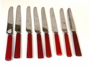 8 Red Bakelite And Stainless Steel Knives