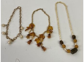 Three Vintage Plastic Necklaces, Link, Pearl And More