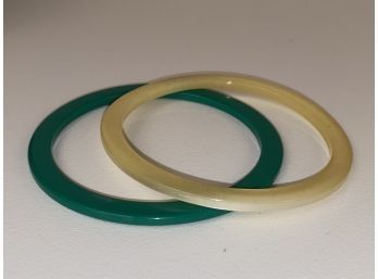 Two Small Bakelite Bangles, Green And Ivory
