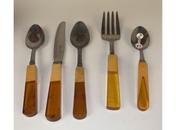 5 Two Tone Larger Service Utensils With Bakelite Handles