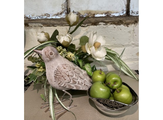 Spring Tabletop Trio, Metal Bird, Mid Century Bowl With Apples And Spring Floral