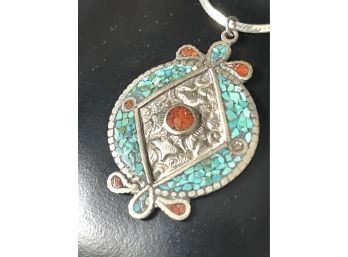 Native American Inspired Turquoise And Coral Chip Pendant Necklace On Sterling Chain.