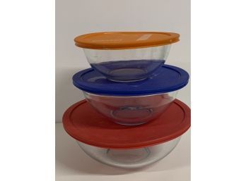 Three Lidded Glass Pyrex Bowls