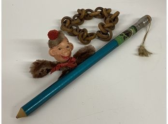 Vintage Trio Of Monkey Pin, Souvenir Pencil And Wooden Links