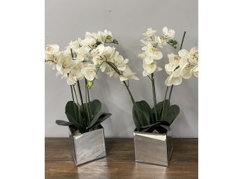 Large Faux Orchids In Mirrored Planters Set Of 2