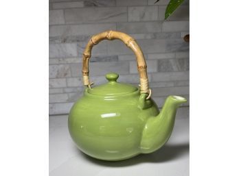 Pottery Barn Sausalito  Bright Green Tea Pot With Caned Handle