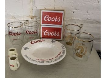 Vintage Coors Memorabilia, Ashtray Glasses Mini Steins And Playing Cards