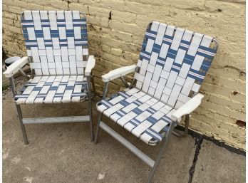 Pair Of Matching Blue And White Aluminum Folding Chairs