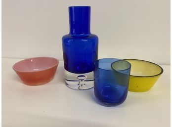 2 Fire King Vintage Bowls And A Blue Water Glass Pitcher With Bubble