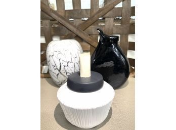 3 Designer Glass And Ceramic Vases, Black And White With Texture And Style