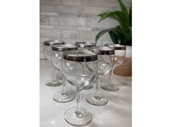 Mid Century Modern Dorothy Thorpe Style Silver Rimmed Wine Glasses. Set/6