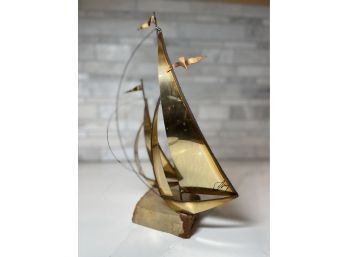 Mid Century Modern Forged Brass Double Sailboat Sculpture, Signed