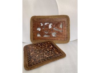 Ethnic Woven Rattan Artpieces/trivets.  Wood Carved And Ceramic With Woven Rattan Borders.