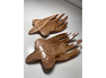 Organic Carved And Engraved Wood Salad Forks/tongs.  Carved Tutles.