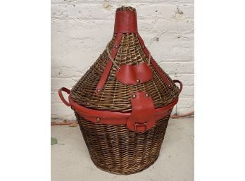Unique Lidded Basket W/ Red Strap Details And Handles, Brass Chain & Nailheads