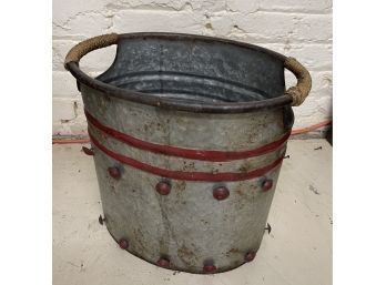 Vintage Galvanized Bucket With Weathered Rope Handles And Red Nailheads