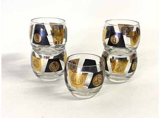 Five Vintage Roly Poly Whisky Glasses With Coin Design