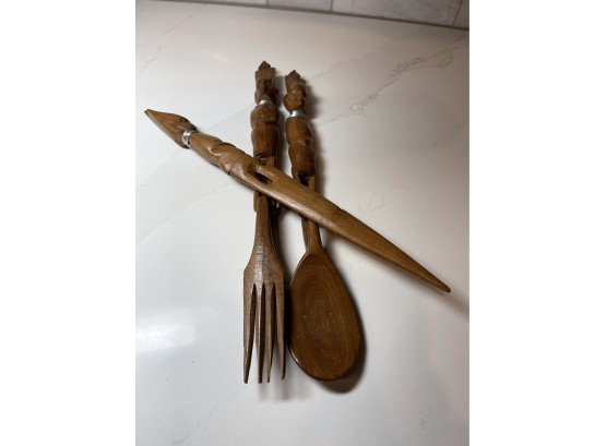 Tribal Carved Wood Serving Set With Wire Wrapped Detail.  3 Piece