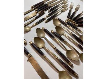 Vintage Brass And Wood Siam Flatware  30 Pice