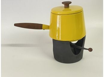 Bright Yellow Enamel Copco Fondue Set With Original Metal Base And Wood Nobs And Handle