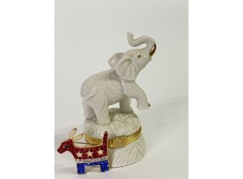 Lenox Elephant Trinket Box And Red White And Blue Donkey Pin