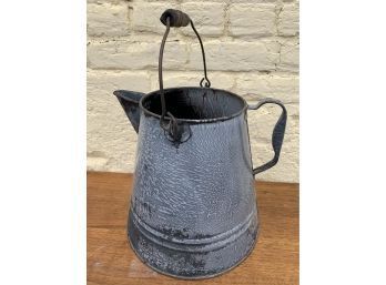 Antique Enamel Bucket With  Spout & Wood Handle