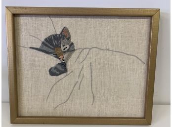 Vintage Sleeping Kitten Cat Crewel Embroidery Framed