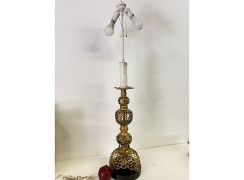 Vintage Brass Tall Ornate Lamp With Two Pull Bulbs