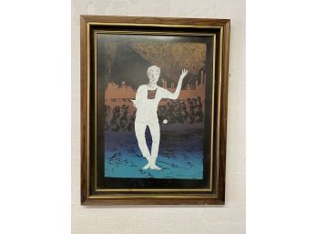 Interesting 1975 Print Pencil Signed Mansour (?) Of French Juggler In Industrial Setting 22x28 Inches