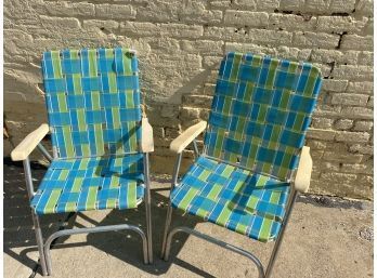 Duo Of Vintage Blue Aluminum  Folding Chairs