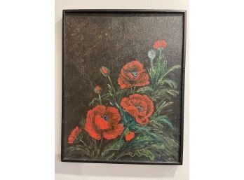 Original Oil Of Vibrant Poppies On Black Background