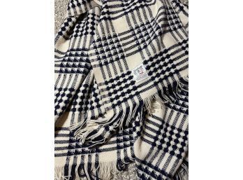 Pure Wool Faribo Navy/white Plaid Wool Blanket With Fringe