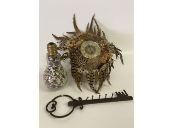 Vintage Feathered Clock, Light Bulb Bottle Of Beans And Key For Keys!