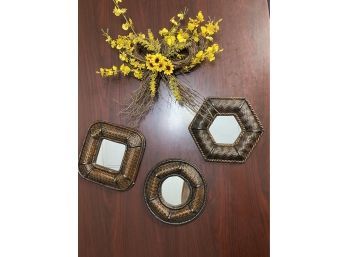 Three Small Mirrors And Artificial Floral Decore