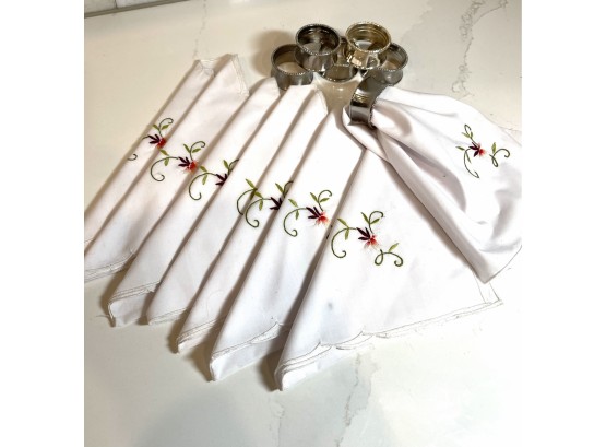 Vintage Embroidered Dinner Napkins( 8) With Silver Plate Napkin Rings(6)