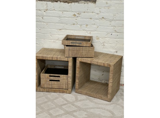 Rattan (?) Wrapped Cubbies With Storage/organization Tray. 6 Pieces.
