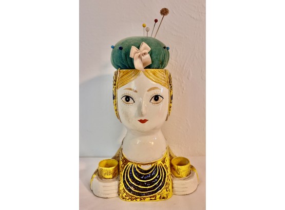 Mid  Century Pincushion By Collegiate Japan , Paper Mache Figural Lady