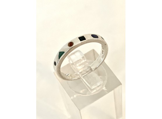 Sterling Silver Ring With Geometric Shape Multi Colored Inlay  Size 7