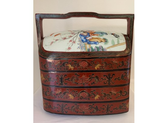 Antique Asian Inspired Layered Wedding Lacquered Basket With Porcelain Lid 17 Inches Tall