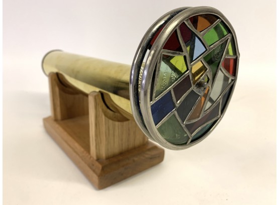 Classic Vintage Kaleidoscope Brass With Stained Glass & Wood Stand  13 X 7 Inches