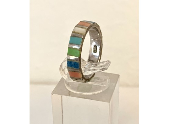 Sterling Silver Ring  With Multi Colored Coral Inlay Band  6-6.5 Size