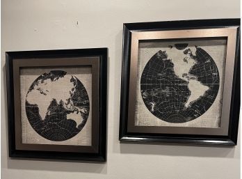 Crisp And Clean Blk And White World Map Art Pieces. Set Of 2 24 X 24