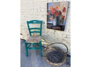 Trio Of Southwest Chair, Large Old Basket And Bright Wall Art