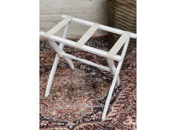 Charming White Wooden Luggage Rack With Leather Straps