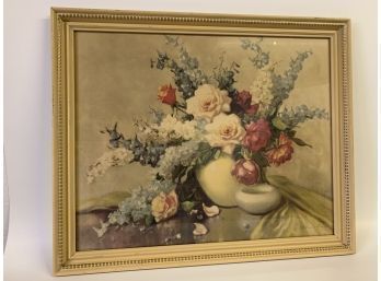 Vintage Colorful Framed Floral Art, By V.A. Richardson Approx. 27 X 33 Inches