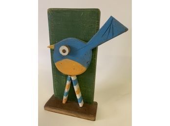 Whimsical Folk Art  / Colorful Wood Bird On Stand  Approx. 12.5 X 7 Inches