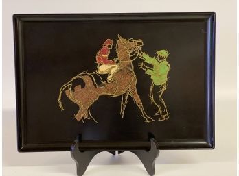 Couroc Of Monterey California Large 18 X 13 Tray With Bright Horse Race Inset In Wood, Brass And Plastic