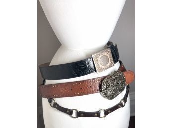 Trio Of Hand Tooled And Embellished Leather Belts With Some Awesome Buckles.