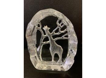 Nybro Sweden Intaglio Engraved Giraffe Block Crystal 4.4 X 4 Inches